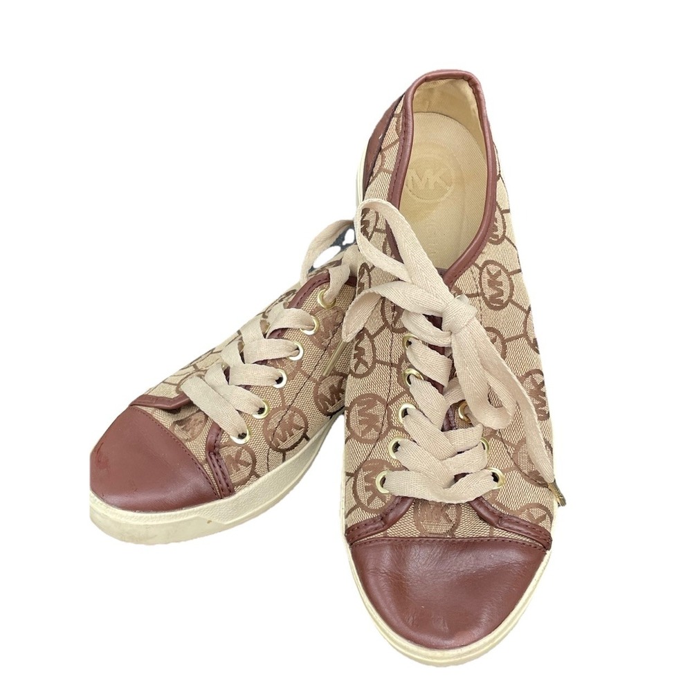 Michael Kors Womens MK Monogram Logo Low Top Sneakers Brown Tan Leather Trim - Picture 2 of 9